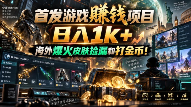 首发游戏賺钱项目，日入1k+，海外爆火皮肤捡漏和打金币！【揭秘】网创-网赚-电商-tk-出海-AI-抖音-快手-小红书-视频号-玩法-创业-小程序-公众号-私域-s粉网创智库