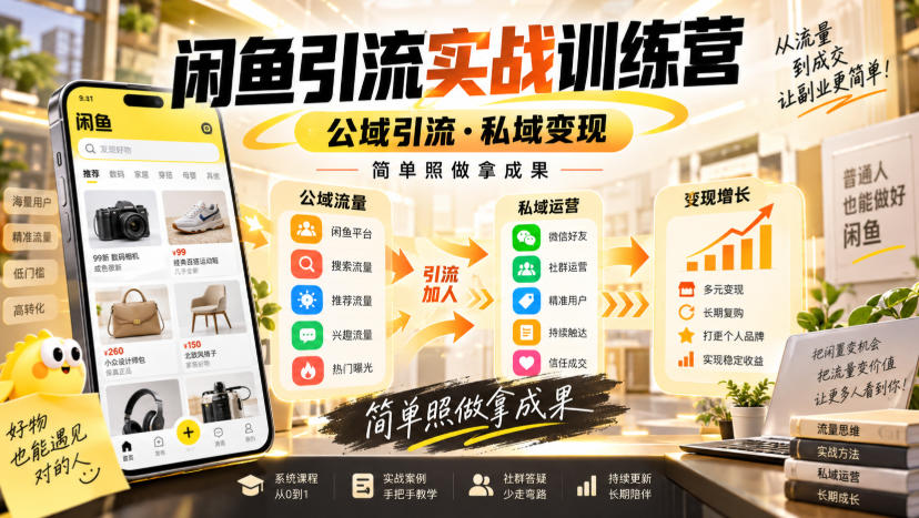 闲鱼引流实战训练营，公域引流·私域变现，简单照做拿成果网创-网赚-电商-tk-出海-AI-抖音-快手-小红书-视频号-玩法-创业-小程序-公众号-私域-s粉网创智库