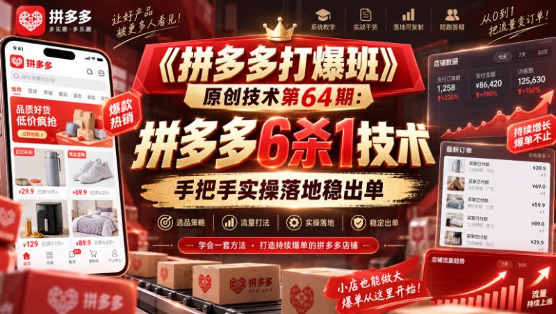 《拼多多打爆班》原创技术第64期：拼多多6杀1技术，手把手实操落地稳出单网创-网赚-电商-tk-出海-AI-抖音-快手-小红书-视频号-玩法-创业-小程序-公众号-私域-s粉网创智库