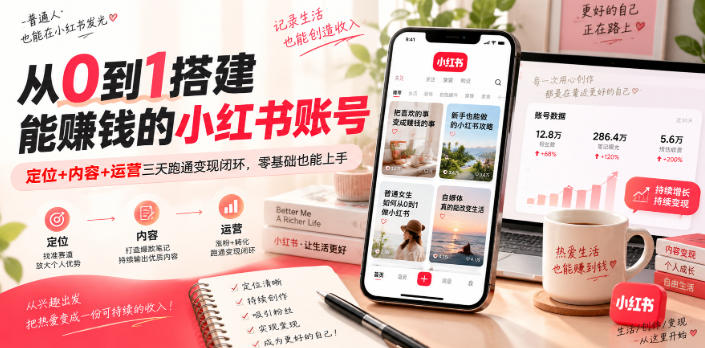 从0到1搭建能賺钱的小红书账号，定位+内容+运营三天跑通变现闭环网创-网赚-电商-tk-出海-AI-抖音-快手-小红书-视频号-玩法-创业-小程序-公众号-私域-s粉网创智库