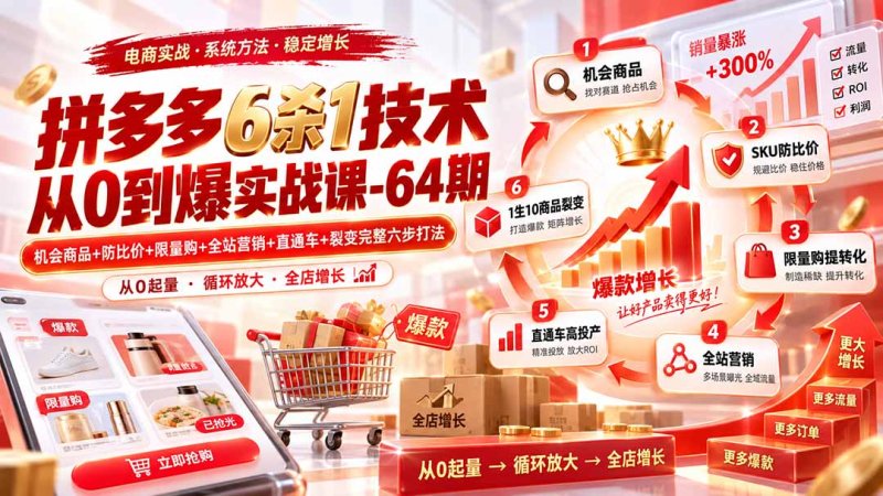 拼多多6杀1技术从0到爆实战课-64期：机会商品+防比价+限量购+全站营销+直通车+裂变完整六步打法网创-网赚-电商-tk-出海-AI-抖音-快手-小红书-视频号-玩法-创业-小程序-公众号-私域-s粉网创智库