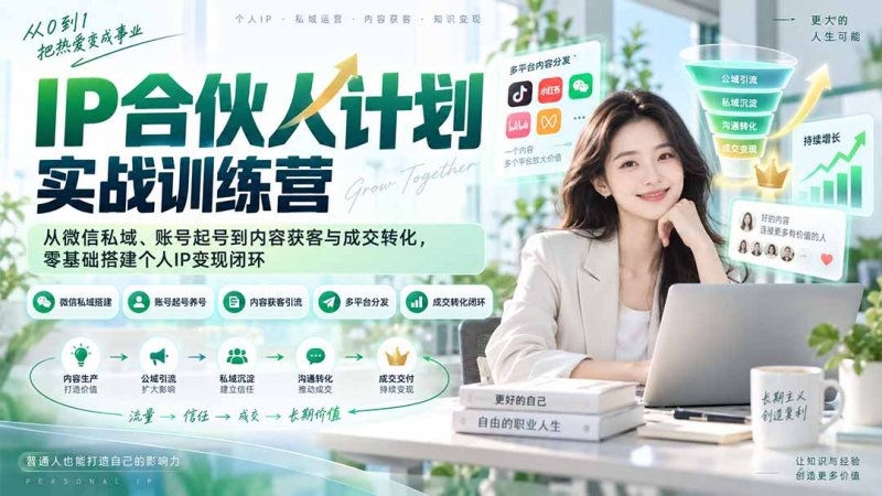 IP合伙人计划实战训练营-更新:从微信私域、账号起号到内容获客与成交转化,零基础搭建个人IP变现闭环网创-网赚-电商-tk-出海-AI-抖音-快手-小红书-视频号-玩法-创业-小程序-公众号-私域-s粉网创智库