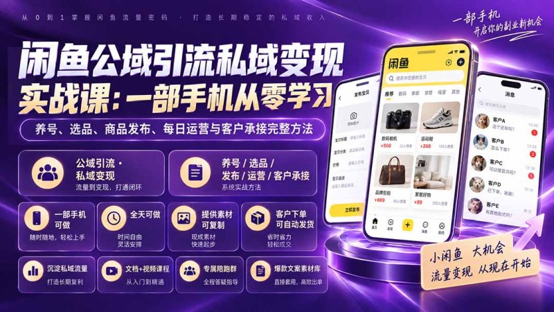闲鱼公域引流私域变现实战课：一部手机从零学习养号、选品、商品发布、每日运营与客户承接完整方法网创-网赚-电商-tk-出海-AI-抖音-快手-小红书-视频号-玩法-创业-小程序-公众号-私域-s粉网创智库