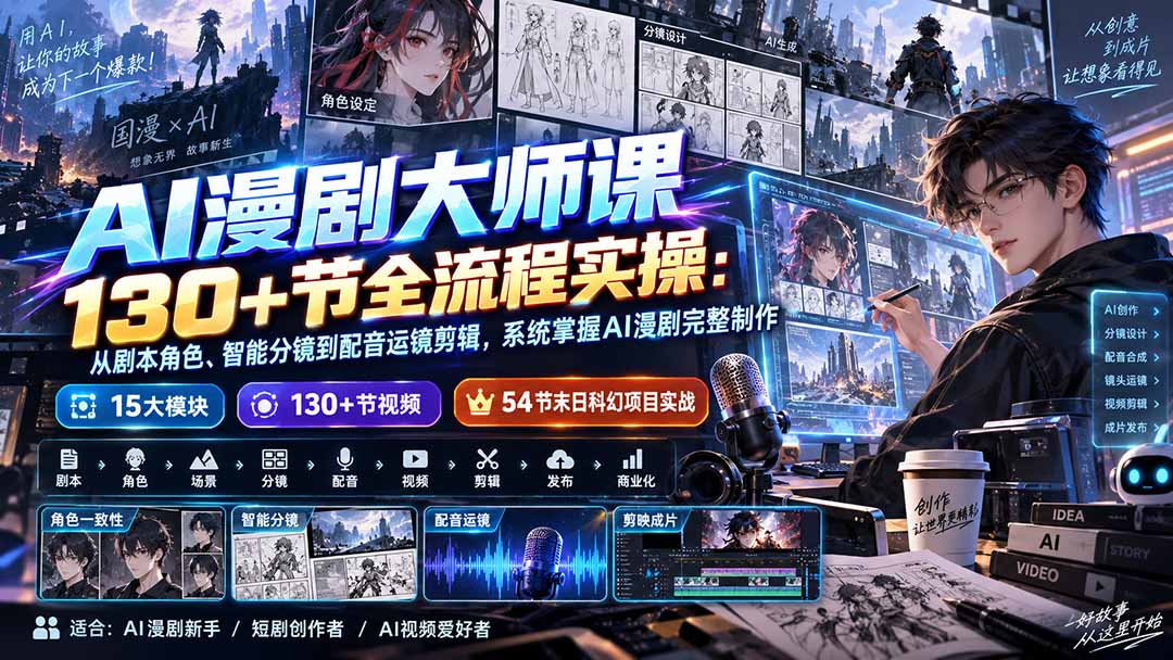 AI漫剧大师课130+节全流程实操：从剧本角色、智能分镜到配音运镜剪辑，系统掌握AI漫剧完整制作 - 网创智库网创-网赚-电商-tk-出海-AI-抖音-快手-小红书-视频号-玩法-创业-小程序-公众号-私域-s粉网创智库