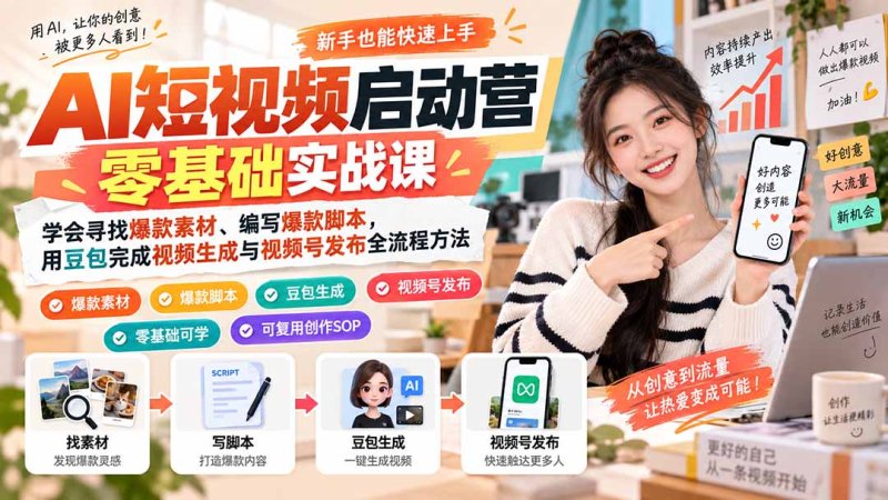 AI短视频启动营零基础实战课:学会寻找爆款素材、编写爆款脚本,用豆包完成视频生成与视频号发布全流程方法网创-网赚-电商-tk-出海-AI-抖音-快手-小红书-视频号-玩法-创业-小程序-公众号-私域-s粉网创智库