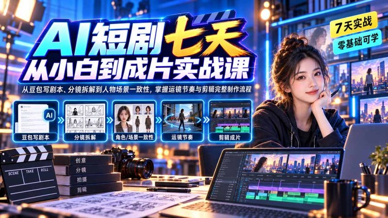 AI短剧七天从小白到成片实战课:从豆包写剧本、分镜拆解到人物场景一致性,掌握运镜节奏与剪辑完整制作流程网创-网赚-电商-tk-出海-AI-抖音-快手-小红书-视频号-玩法-创业-小程序-公众号-私域-s粉网创智库