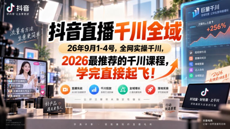 抖音直播千川全域26年9月1-4号,全网实操千川,2026最推荐的千川课程,学完直接起飞!网创-网赚-电商-tk-出海-AI-抖音-快手-小红书-视频号-玩法-创业-小程序-公众号-私域-s粉网创智库
