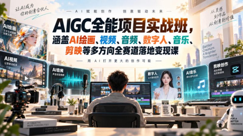 AIGC全能项目实战班,涵盖AI绘画、视频、音频、数字人、音乐、剪映等多方向全赛道落地变现课网创-网赚-电商-tk-出海-AI-抖音-快手-小红书-视频号-玩法-创业-小程序-公众号-私域-s粉网创智库