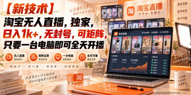 【独家新技术】淘宝无人直播，日入1k+，无封号，可矩阵，只要一台电脑即可全天开播【揭秘】网创-网赚-电商-tk-出海-AI-抖音-快手-小红书-视频号-玩法-创业-小程序-公众号-私域-s粉网创智库