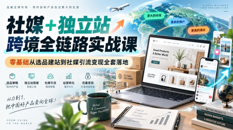 社媒+独立站跨境全链路实战课｜零基础从选品建站到社媒引流变现全套落地网创-网赚-电商-tk-出海-AI-抖音-快手-小红书-视频号-玩法-创业-小程序-公众号-私域-s粉网创智库