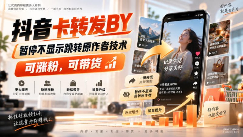 抖音卡转发搬运，暂停不显示跳转原作者技术，可涨粉，可带货网创-网赚-电商-tk-出海-AI-抖音-快手-小红书-视频号-玩法-创业-小程序-公众号-私域-s粉网创智库
