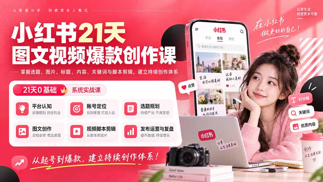 小红书21天图文视频爆款创作课：掌握选题、图片、标题、内容、关键词与脚本剪辑，建立持续创作体系网创-网赚-电商-tk-出海-AI-抖音-快手-小红书-视频号-玩法-创业-小程序-公众号-私域-s粉网创智库