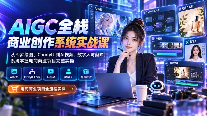 AIGC全栈商业创作系统实战课：从即梦绘图、ComfyUI到AI视频、数字人与剪映，系统掌握电商商业项目完整实操网创-网赚-电商-tk-出海-AI-抖音-快手-小红书-视频号-玩法-创业-小程序-公众号-私域-s粉网创智库