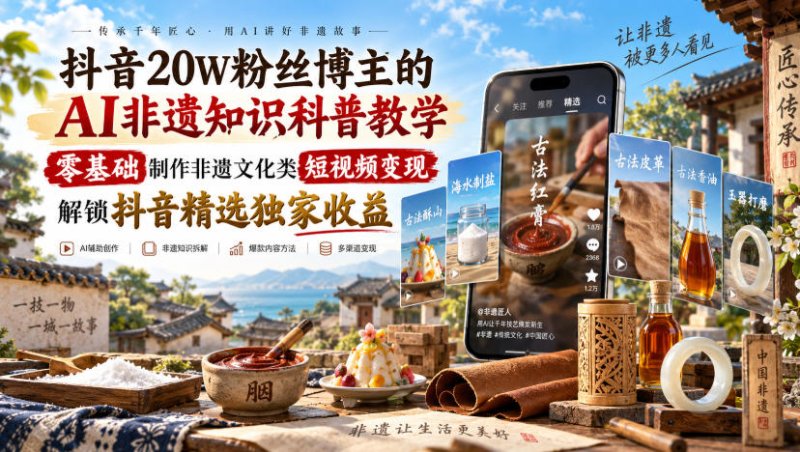 抖音20W粉丝博主的AI非遗知识科普教学，零基础制作非遗文化类短视频变现，解锁抖音精选独家收益网创-网赚-电商-tk-出海-AI-抖音-快手-小红书-视频号-玩法-创业-小程序-公众号-私域-s粉网创智库