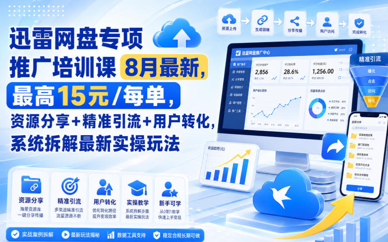 迅雷网盘专项推广培训课9月最新，最高15米/每单，资源分享+精准引流+用户转化，系统拆解最新实操玩法(更新0909)网创-网赚-电商-tk-出海-AI-抖音-快手-小红书-视频号-玩法-创业-小程序-公众号-私域-s粉网创智库