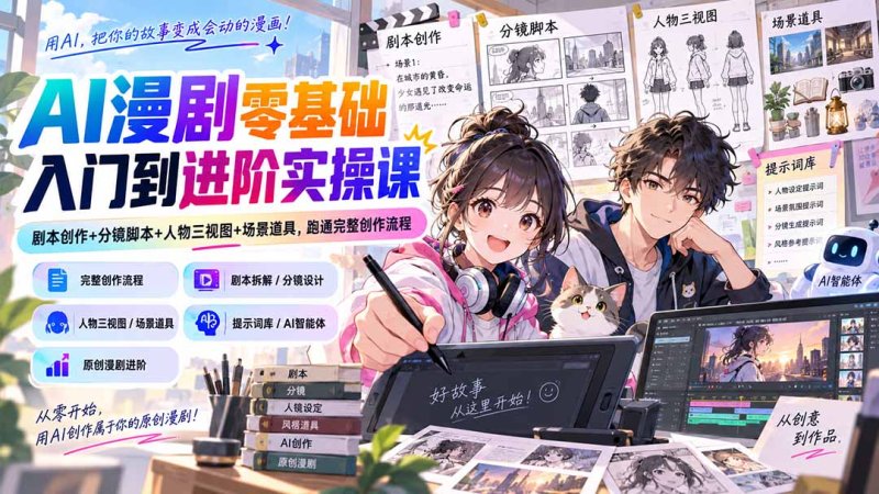 AI漫剧零基础入门到进阶实操课：剧本创作+分镜脚本+人物三视图+场景道具，跑通完整创作流程网创-网赚-电商-tk-出海-AI-抖音-快手-小红书-视频号-玩法-创业-小程序-公众号-私域-s粉网创智库