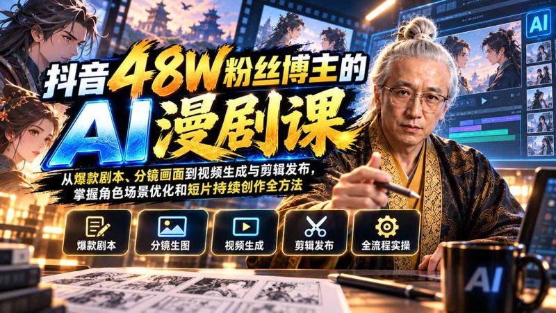 抖音48W粉丝博主的AI漫剧课:从爆款剧本、分镜画面到视频生成与剪辑发布,掌握角色场景优化和短片持续创作全方法网创-网赚-电商-tk-出海-AI-抖音-快手-小红书-视频号-玩法-创业-小程序-公众号-私域-s粉网创智库