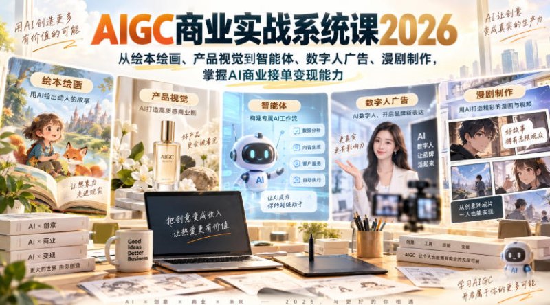 AIGC商业实战系统课2026,从绘本绘画、产品视觉到智能体、数字人广告、漫剧制作,掌握AI商业接单变现能力网创-网赚-电商-tk-出海-AI-抖音-快手-小红书-视频号-玩法-创业-小程序-公众号-私域-s粉网创智库