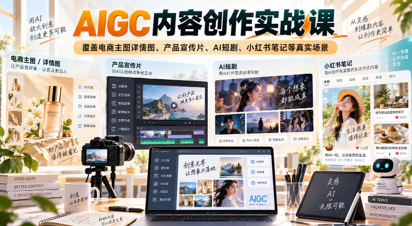 AIGC内容创作实战课，覆盖电商主图详情图、产品宣传片、AI短剧、小红书笔记等真实场景 - 网创智库网创-网赚-电商-tk-出海-AI-抖音-快手-小红书-视频号-玩法-创业-小程序-公众号-私域-s粉网创智库