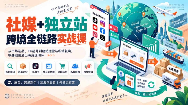 社媒+独立站跨境全链路实战课:从市场选品、TK起号到建站运营与私域复购,零基础跑通出海变现闭环网创-网赚-电商-tk-出海-AI-抖音-快手-小红书-视频号-玩法-创业-小程序-公众号-私域-s粉网创智库