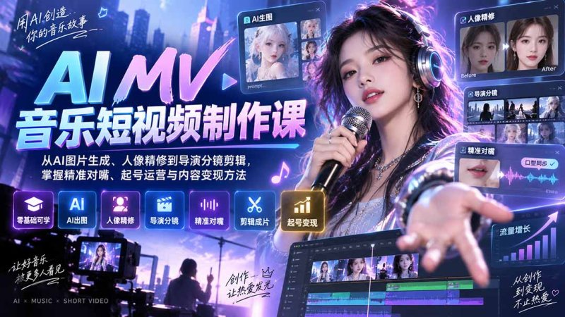AI MV音乐短视频制作课：从AI图片生成、人像精修到导演分镜剪辑，掌握精准对嘴、起号运营与内容变现方法网创-网赚-电商-tk-出海-AI-抖音-快手-小红书-视频号-玩法-创业-小程序-公众号-私域-s粉网创智库