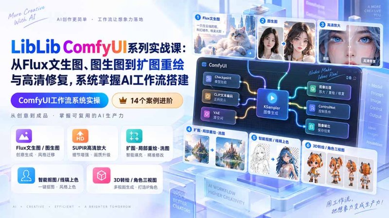 LibLib ComfyUI系列实战课：从Flux文生图、图生图到扩图重绘与高清修复，系统掌握AI工作流搭建网创-网赚-电商-tk-出海-AI-抖音-快手-小红书-视频号-玩法-创业-小程序-公众号-私域-s粉网创智库