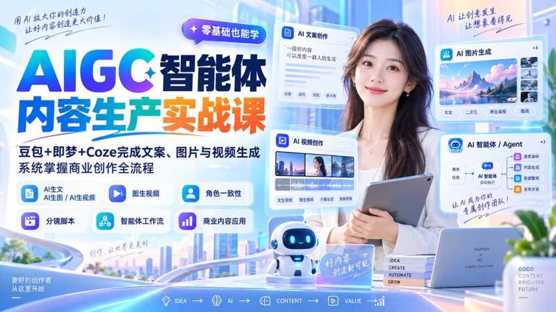 AIGC智能体内容生产实战课：豆包+即梦+Coze完成文案、图片与视频生成，系统掌握商业创作全流程网创-网赚-电商-tk-出海-AI-抖音-快手-小红书-视频号-玩法-创业-小程序-公众号-私域-s粉网创智库
