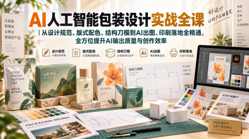 AI人工智能包装设计实战全课｜从设计规范、版式配色、结构刀模到AI出图、印刷落地全精通网创-网赚-电商-tk-出海-AI-抖音-快手-小红书-视频号-玩法-创业-小程序-公众号-私域-s粉网创智库