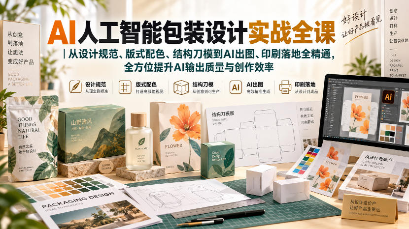 AI人工智能包装设计实战全课｜从设计规范、版式配色、结构刀模到AI出图、印刷落地全精通 - 网创智库网创-网赚-电商-tk-出海-AI-抖音-快手-小红书-视频号-玩法-创业-小程序-公众号-私域-s粉网创智库