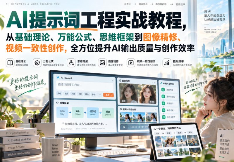 AI提示词工程实战教程,从基础理论、万能公式、思维框架到图像精修、视频一致性创作,全方位提升AI输出质量与创作效率网创-网赚-电商-tk-出海-AI-抖音-快手-小红书-视频号-玩法-创业-小程序-公众号-私域-s粉网创智库