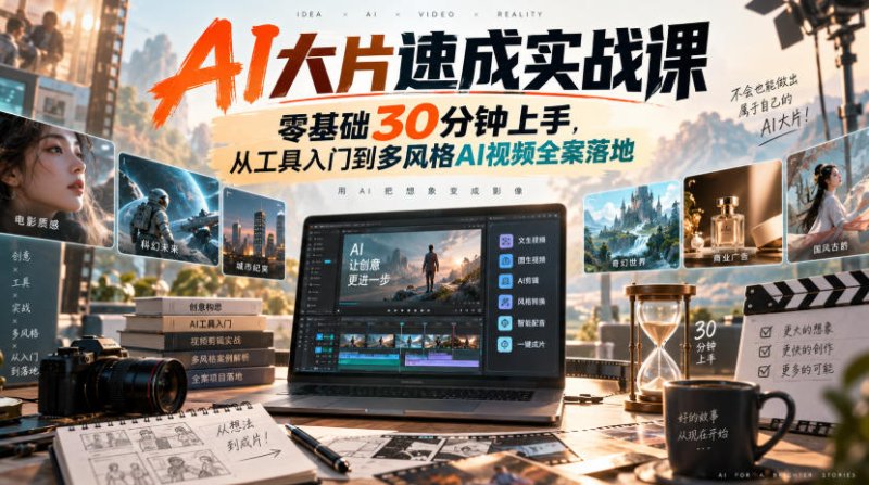 AI大片速成实战课|零基础30分钟上手,从工具入门到多风格AI视频全案落地网创-网赚-电商-tk-出海-AI-抖音-快手-小红书-视频号-玩法-创业-小程序-公众号-私域-s粉网创智库