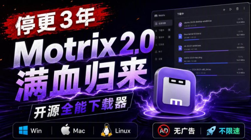 停更3年,Motrix 2.0满血归来:开源全能下载器,Win/Mac/Linux通吃,无广告不限速网创-网赚-电商-tk-出海-AI-抖音-快手-小红书-视频号-玩法-创业-小程序-公众号-私域-s粉网创智库