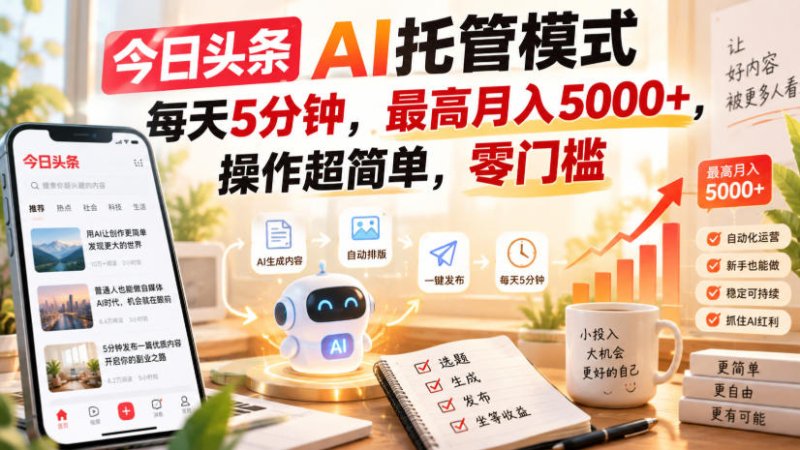 今日头条AI托管模式，每天5分钟，最高月入5000+，操作超简单，零门槛【揭秘】网创-网赚-电商-tk-出海-AI-抖音-快手-小红书-视频号-玩法-创业-小程序-公众号-私域-s粉网创智库