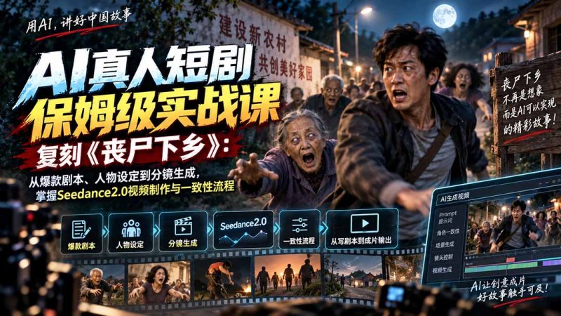 AI真人短剧保姆级实战课，复刻《丧尸下乡》：从爆款剧本、人物设定到分镜生成，掌握Seedance2.0视频制作与一致性流程网创-网赚-电商-tk-出海-AI-抖音-快手-小红书-视频号-玩法-创业-小程序-公众号-私域-s粉网创智库