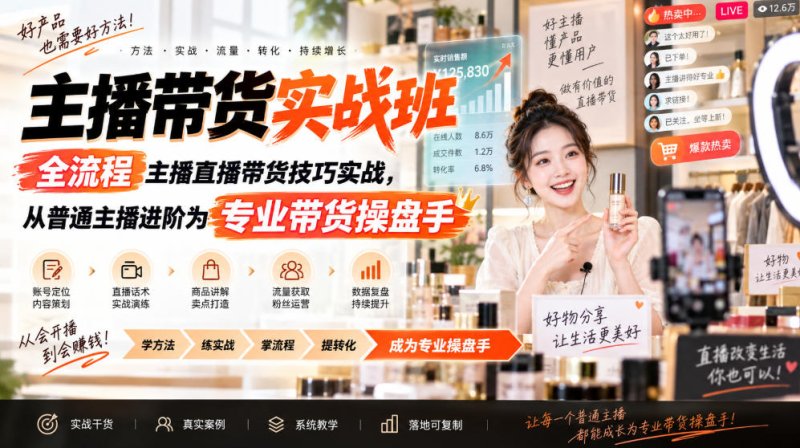 主播带货实战班ZB,全流程主播直播带货技巧实战,从普通主播进阶为专业带货操盘手网创-网赚-电商-tk-出海-AI-抖音-快手-小红书-视频号-玩法-创业-小程序-公众号-私域-s粉网创智库