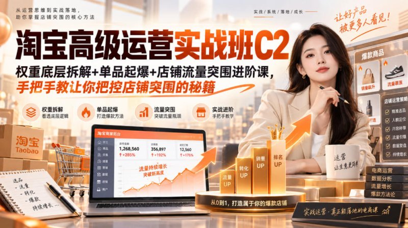 淘宝高级运营实战班C2｜权重底层拆解+单品起爆+店铺流量突围进阶课，手把手教让你把控店铺突围的秘籍网创-网赚-电商-tk-出海-AI-抖音-快手-小红书-视频号-玩法-创业-小程序-公众号-私域-s粉网创智库