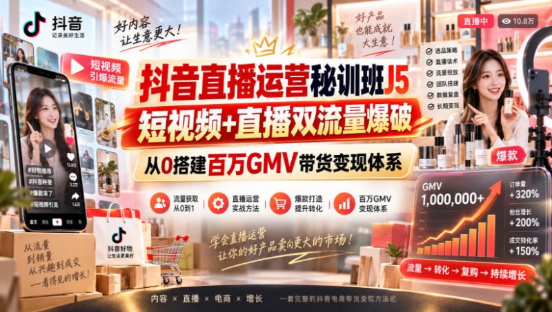 抖音直播运营秘训班J5|短视频+直播双流量爆破,从0搭建百万GMV带货变现体系网创-网赚-电商-tk-出海-AI-抖音-快手-小红书-视频号-玩法-创业-小程序-公众号-私域-s粉网创智库