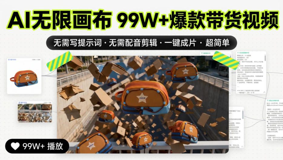 AI无限画布99W+爆款带货视频，无需写提示词·无需配音剪辑·一键成片·超简单 - 网创智库网创-网赚-电商-tk-出海-AI-抖音-快手-小红书-视频号-玩法-创业-小程序-公众号-私域-s粉网创智库