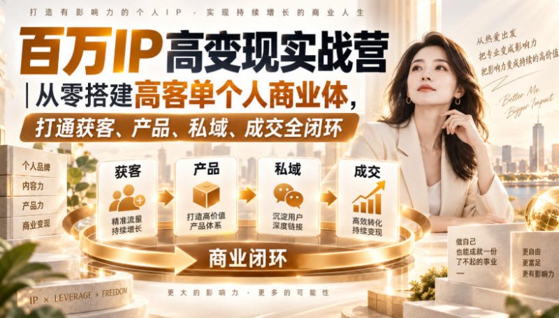 百万IP高变现实战营|从零搭建高客单个人商业体,打通获客、产品、私域、成交全闭环网创-网赚-电商-tk-出海-AI-抖音-快手-小红书-视频号-玩法-创业-小程序-公众号-私域-s粉网创智库