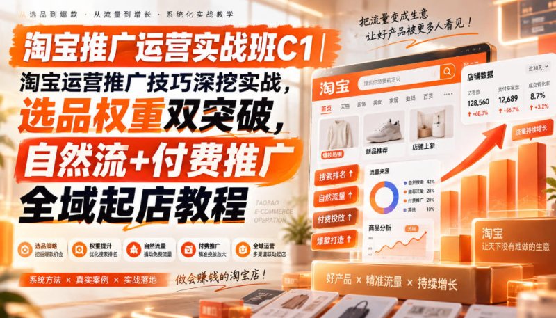 淘宝推广运营实战班C1｜淘宝运营推广技巧深挖实战，选品权重双突破，自然流+付费推广全域起店教程网创-网赚-电商-tk-出海-AI-抖音-快手-小红书-视频号-玩法-创业-小程序-公众号-私域-s粉网创智库