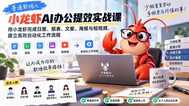 普通职场人AI办公提效实战课：用小龙虾完成日报、报表、文案、海报与短视频，建立高效自动化工作流程网创-网赚-电商-tk-出海-AI-抖音-快手-小红书-视频号-玩法-创业-小程序-公众号-私域-s粉网创智库