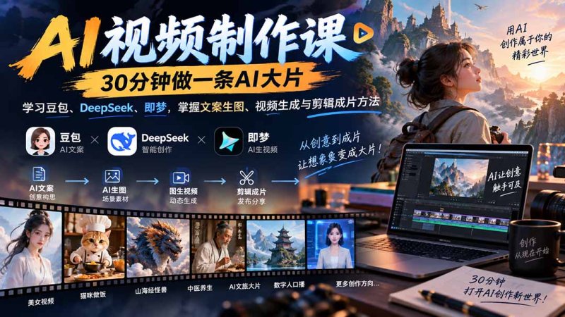 AI视频制作课-30分钟做一条AI大片：学习豆包、DeepSeek、即梦，掌握文案生图、视频生成与剪辑成片方法网创-网赚-电商-tk-出海-AI-抖音-快手-小红书-视频号-玩法-创业-小程序-公众号-私域-s粉网创智库