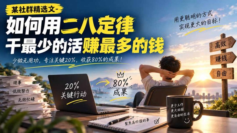 某社群精选文-如何用二八定律干最少的活赚最多的钱网创-网赚-电商-tk-出海-AI-抖音-快手-小红书-视频号-玩法-创业-小程序-公众号-私域-s粉网创智库