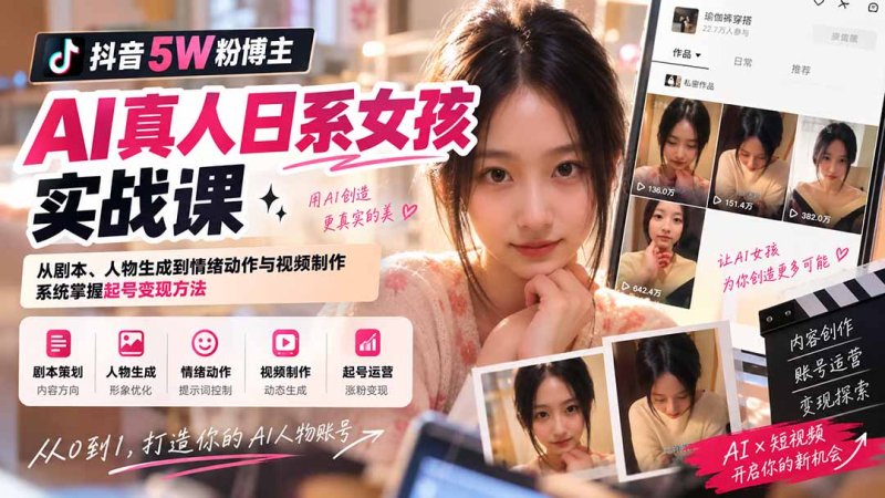 抖音5W粉博主AI真人日系女孩实战课：从剧本、人物生成到情绪动作与视频制作，系统掌握起号变现方法网创-网赚-电商-tk-出海-AI-抖音-快手-小红书-视频号-玩法-创业-小程序-公众号-私域-s粉网创智库