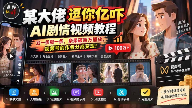 某大佬逗你亿吓AI低模剧情视频制作教程：发一条爆一条，条条破百万播放，利用视频号创作者分成变现!网创-网赚-电商-tk-出海-AI-抖音-快手-小红书-视频号-玩法-创业-小程序-公众号-私域-s粉网创智库