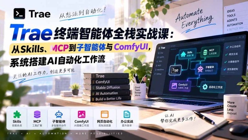 Trae终端智能体全栈实战课：从Skills、MCP到子智能体与ComfyUI，系统搭建AI自动化工作流网创-网赚-电商-tk-出海-AI-抖音-快手-小红书-视频号-玩法-创业-小程序-公众号-私域-s粉网创智库