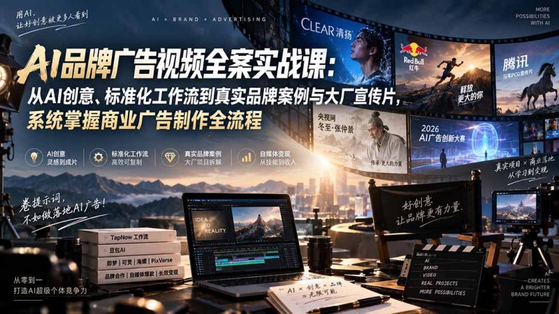 AI品牌广告视频全案实战课：从AI创意、标准化工作流到真实品牌案例与大厂宣传片，系统掌握商业广告制作全流程网创-网赚-电商-tk-出海-AI-抖音-快手-小红书-视频号-玩法-创业-小程序-公众号-私域-s粉网创智库