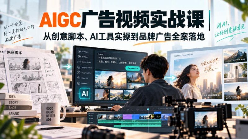 AIGC广告视频实战课|从创意脚本、AI工具实操到品牌广告全案落地网创-网赚-电商-tk-出海-AI-抖音-快手-小红书-视频号-玩法-创业-小程序-公众号-私域-s粉网创智库