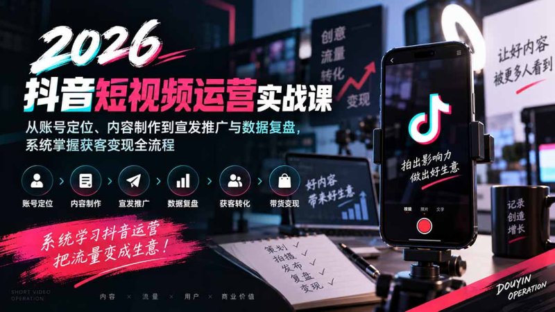 2026抖音短视频运营实战课：从账号定位、内容制作到宣发推广与数据复盘，系统掌握获客变现全流程网创-网赚-电商-tk-出海-AI-抖音-快手-小红书-视频号-玩法-创业-小程序-公众号-私域-s粉网创智库