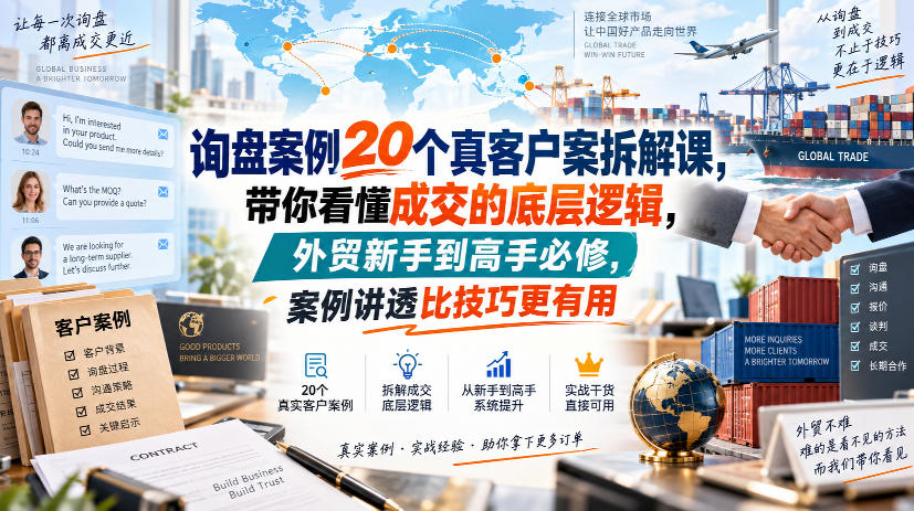 询盘案例20个真客户案拆解课，带你看懂成交的底层逻辑，外贸新手到高手必修，案例讲透比技巧更有用 - 网创智库网创-网赚-电商-tk-出海-AI-抖音-快手-小红书-视频号-玩法-创业-小程序-公众号-私域-s粉网创智库